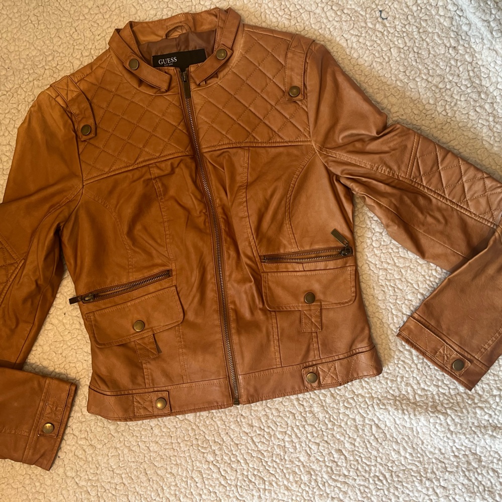 Guess camel leather jacket, size small